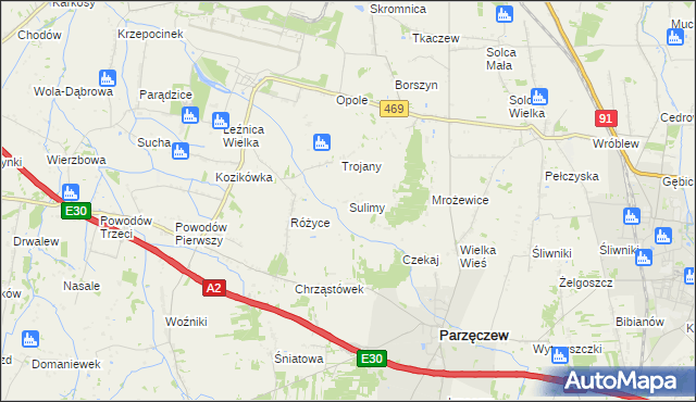 mapa Sulimy gmina Parzęczew, Sulimy gmina Parzęczew na mapie Targeo