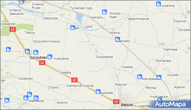 mapa Suliszewice gmina Błaszki, Suliszewice gmina Błaszki na mapie Targeo