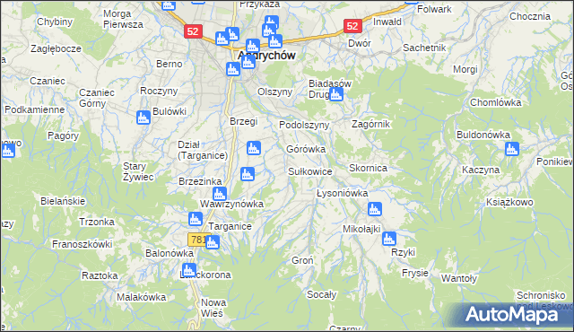 mapa Sułkowice gmina Andrychów, Sułkowice gmina Andrychów na mapie Targeo