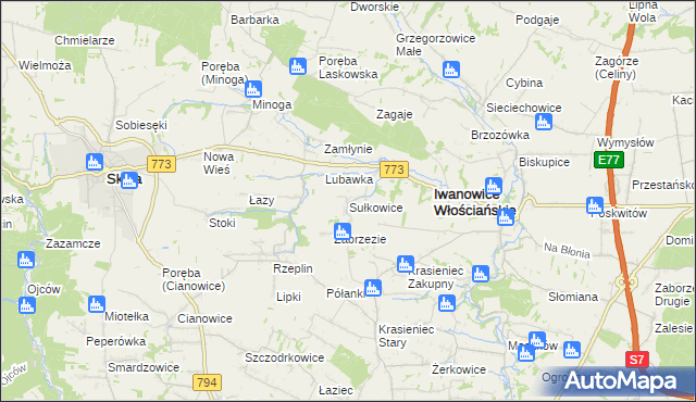 mapa Sułkowice gmina Iwanowice, Sułkowice gmina Iwanowice na mapie Targeo