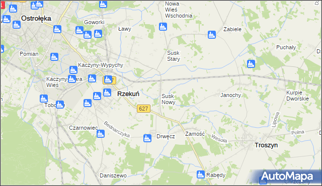 mapa Susk Nowy gmina Rzekuń, Susk Nowy gmina Rzekuń na mapie Targeo