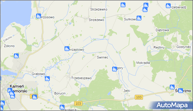 mapa Świniec gmina Kamień Pomorski, Świniec gmina Kamień Pomorski na mapie Targeo