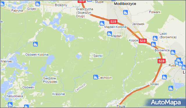 mapa Świnki gmina Modliborzyce, Świnki gmina Modliborzyce na mapie Targeo