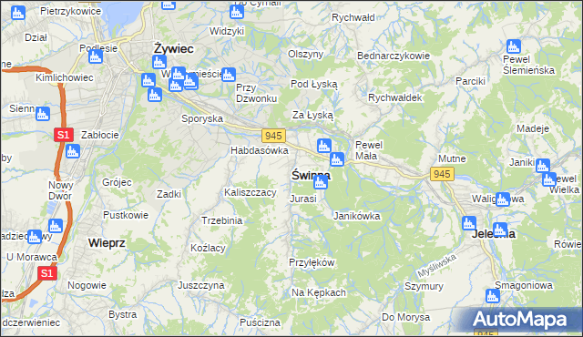 mapa Świnna powiat żywiecki, Świnna powiat żywiecki na mapie Targeo