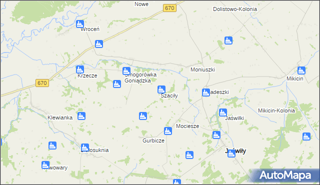 mapa Szaciły gmina Jaświły, Szaciły gmina Jaświły na mapie Targeo