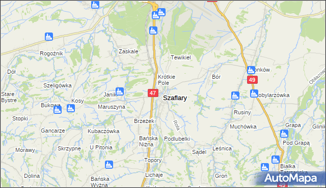 mapa Szaflary, Szaflary na mapie Targeo