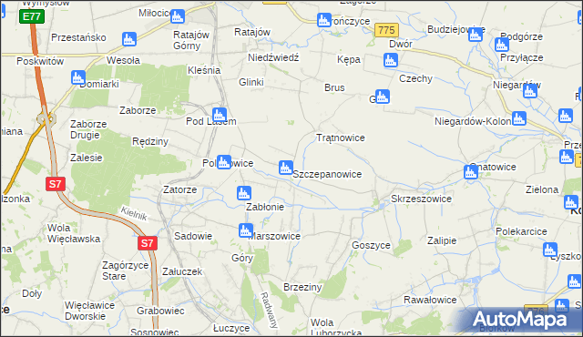 mapa Szczepanowice gmina Słomniki, Szczepanowice gmina Słomniki na mapie Targeo