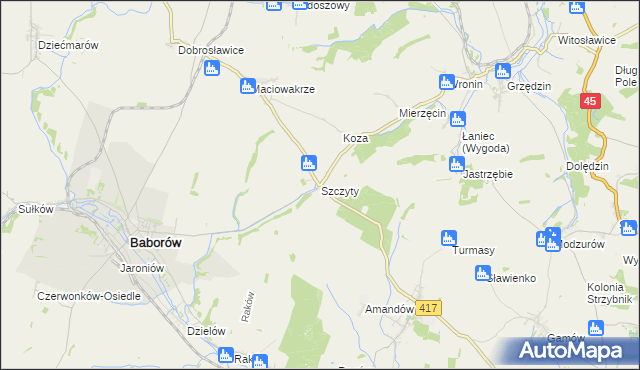 mapa Szczyty gmina Baborów, Szczyty gmina Baborów na mapie Targeo