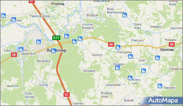 mapa Szczyty gmina Białobrzegi, Szczyty gmina Białobrzegi na mapie Targeo