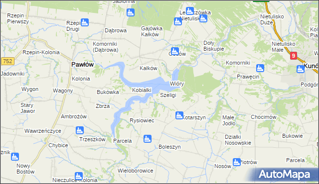 mapa Szeligi gmina Pawłów, Szeligi gmina Pawłów na mapie Targeo