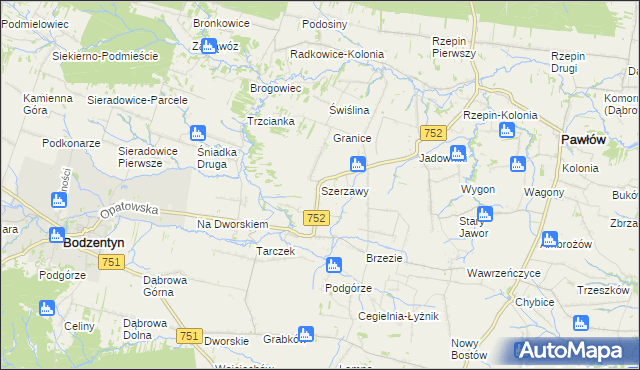 mapa Szerzawy gmina Pawłów, Szerzawy gmina Pawłów na mapie Targeo