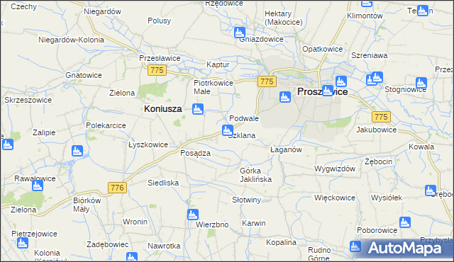 mapa Szklana gmina Proszowice, Szklana gmina Proszowice na mapie Targeo