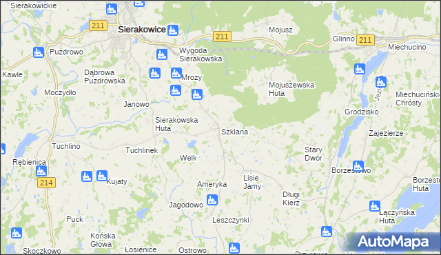 mapa Szklana gmina Sierakowice, Szklana gmina Sierakowice na mapie Targeo