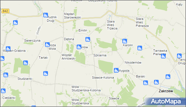 mapa Szklarnia gmina Zakrzew, Szklarnia gmina Zakrzew na mapie Targeo