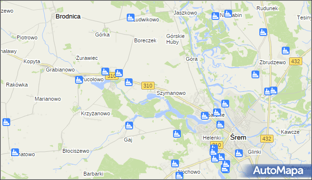 mapa Szymanowo gmina Śrem, Szymanowo gmina Śrem na mapie Targeo