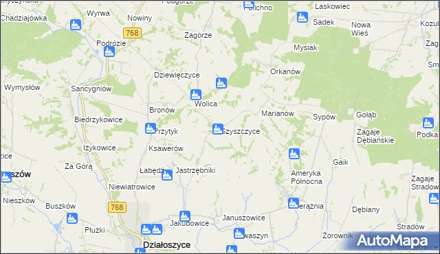 mapa Szyszczyce gmina Działoszyce, Szyszczyce gmina Działoszyce na mapie Targeo