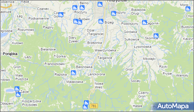 mapa Targanice, Targanice na mapie Targeo