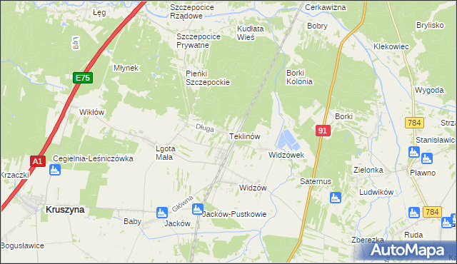 mapa Teklinów gmina Kruszyna, Teklinów gmina Kruszyna na mapie Targeo