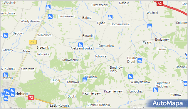 mapa Tobolice gmina Dalików, Tobolice gmina Dalików na mapie Targeo