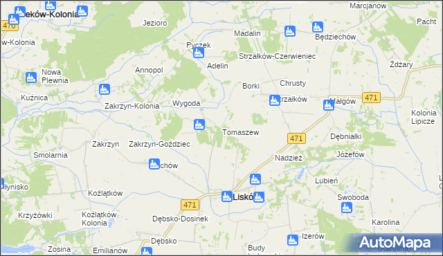 mapa Tomaszew gmina Lisków, Tomaszew gmina Lisków na mapie Targeo