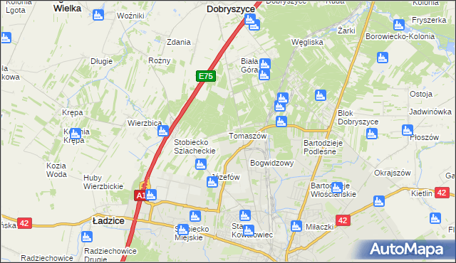 mapa Tomaszów gmina Ładzice, Tomaszów gmina Ładzice na mapie Targeo