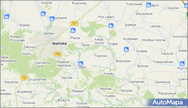 mapa Toporów gmina Iwaniska, Toporów gmina Iwaniska na mapie Targeo