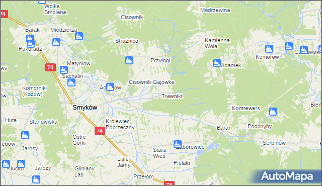 mapa Trawniki gmina Smyków, Trawniki gmina Smyków na mapie Targeo