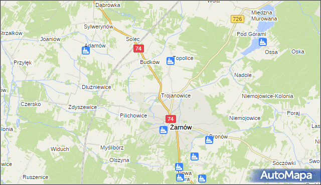 mapa Trojanowice gmina Żarnów, Trojanowice gmina Żarnów na mapie Targeo