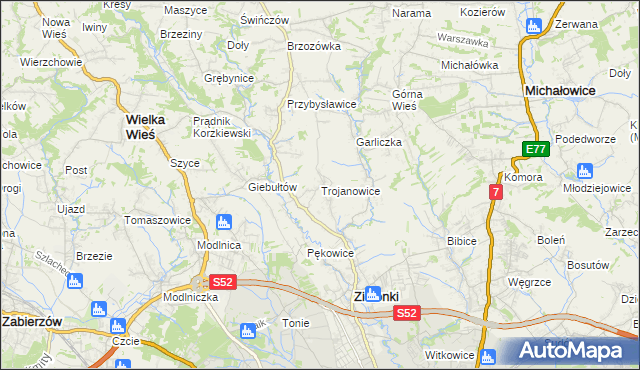 mapa Trojanowice gmina Zielonki, Trojanowice gmina Zielonki na mapie Targeo