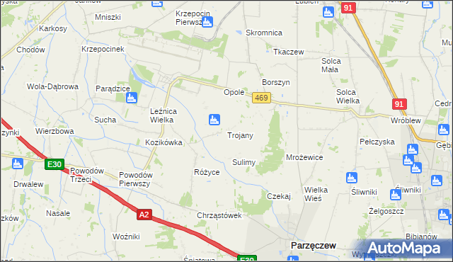 mapa Trojany gmina Parzęczew, Trojany gmina Parzęczew na mapie Targeo