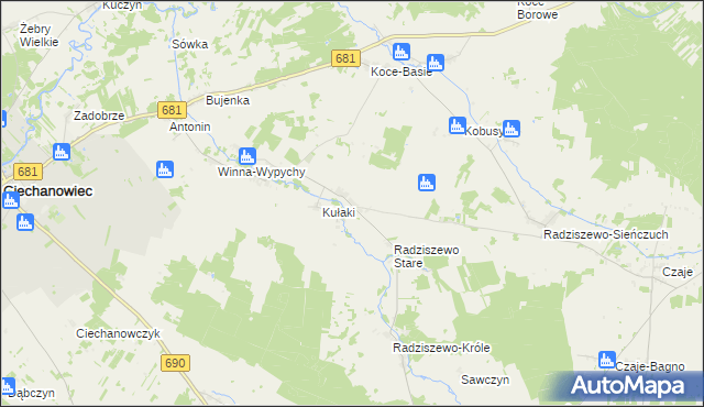 mapa Trzaski gmina Ciechanowiec, Trzaski gmina Ciechanowiec na mapie Targeo