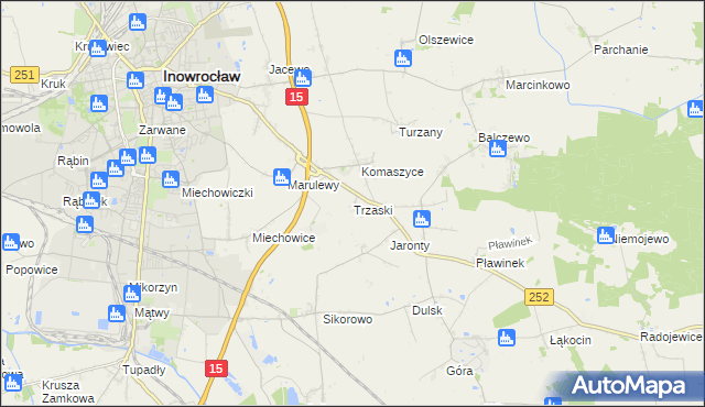 mapa Trzaski gmina Inowrocław, Trzaski gmina Inowrocław na mapie Targeo