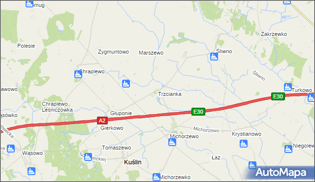 mapa Trzcianka gmina Kuślin, Trzcianka gmina Kuślin na mapie Targeo