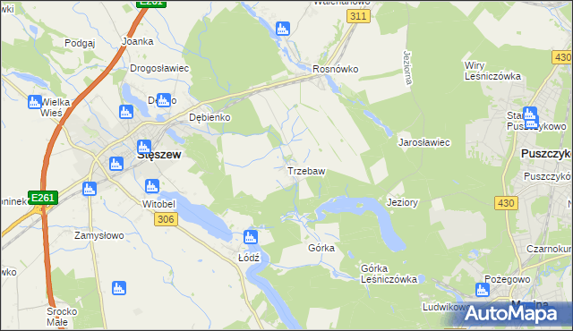 mapa Trzebaw gmina Stęszew, Trzebaw gmina Stęszew na mapie Targeo