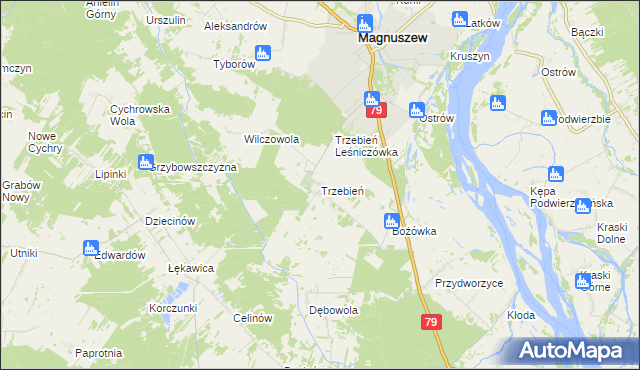 mapa Trzebień gmina Magnuszew, Trzebień gmina Magnuszew na mapie Targeo