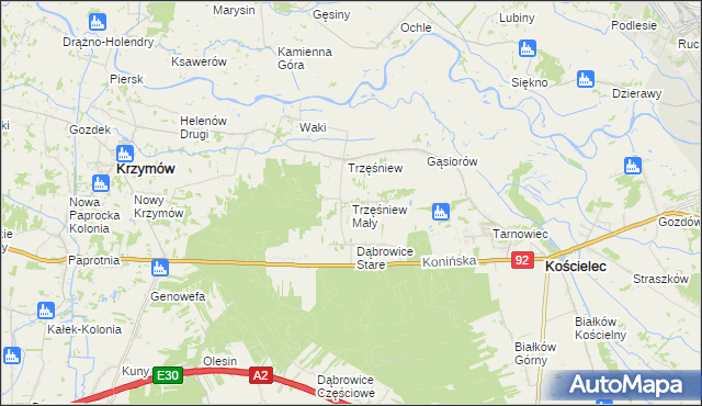 mapa Trzęśniew Mały, Trzęśniew Mały na mapie Targeo