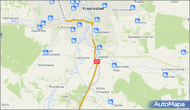 mapa Tuligłowy gmina Krasnystaw, Tuligłowy gmina Krasnystaw na mapie Targeo