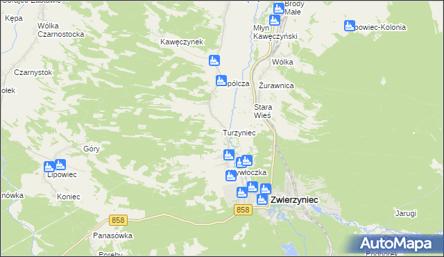 mapa Turzyniec gmina Zwierzyniec, Turzyniec gmina Zwierzyniec na mapie Targeo