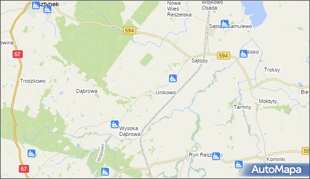 mapa Unikowo gmina Bisztynek, Unikowo gmina Bisztynek na mapie Targeo