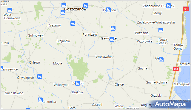 mapa Wacławów gmina Goszczanów, Wacławów gmina Goszczanów na mapie Targeo