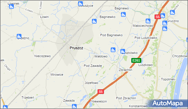 mapa Wałdowo gmina Pruszcz, Wałdowo gmina Pruszcz na mapie Targeo