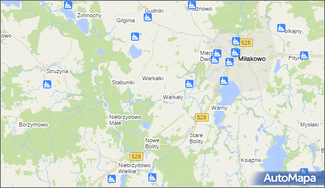 mapa Warkały gmina Miłakowo, Warkały gmina Miłakowo na mapie Targeo