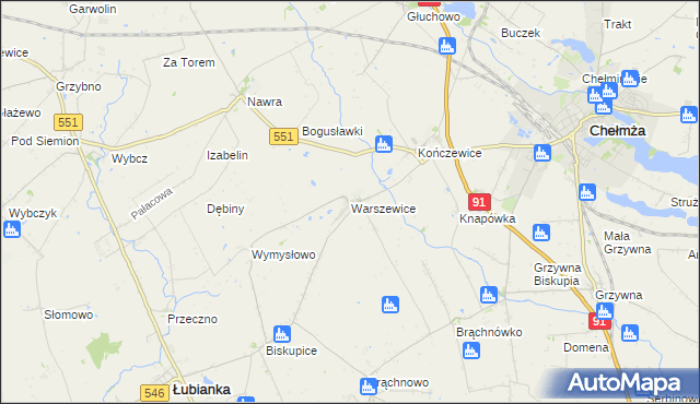 mapa Warszewice gmina Łubianka, Warszewice gmina Łubianka na mapie Targeo