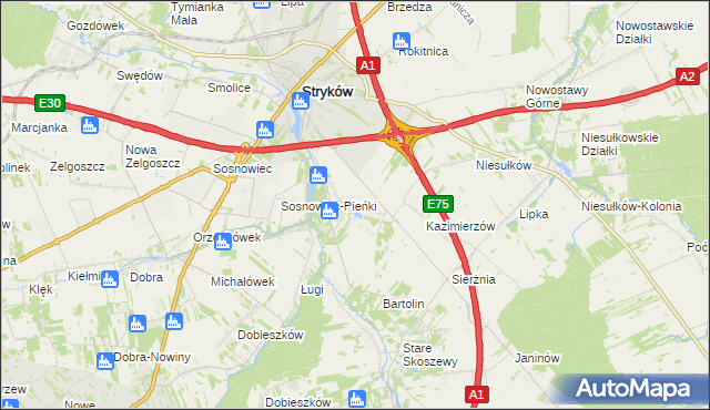 mapa Warszewice gmina Stryków, Warszewice gmina Stryków na mapie Targeo