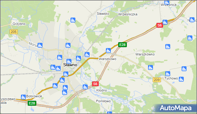 mapa Warszkowo gmina Sławno, Warszkowo gmina Sławno na mapie Targeo