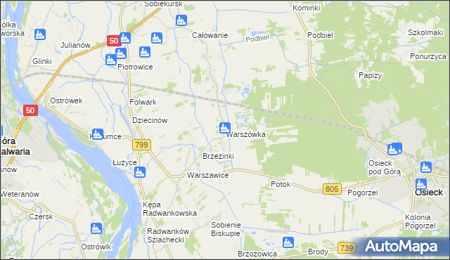 mapa Warszówka gmina Sobienie-Jeziory, Warszówka gmina Sobienie-Jeziory na mapie Targeo