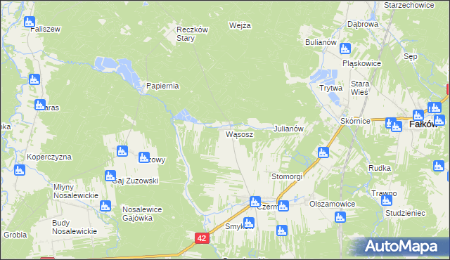 mapa Wąsosz gmina Fałków, Wąsosz gmina Fałków na mapie Targeo