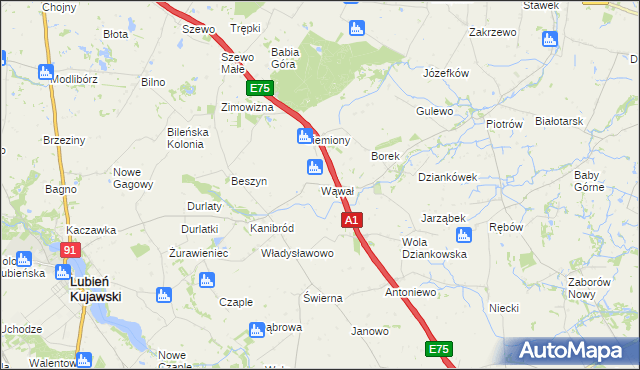 mapa Wąwał gmina Lubień Kujawski, Wąwał gmina Lubień Kujawski na mapie Targeo