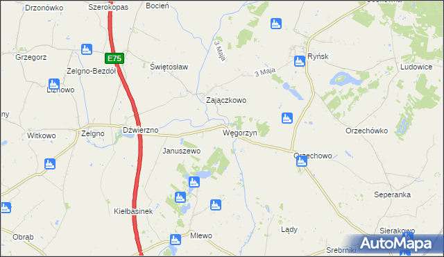 mapa Węgorzyn gmina Ryńsk, Węgorzyn gmina Ryńsk na mapie Targeo