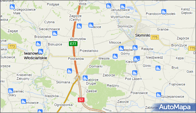 mapa Wesoła gmina Słomniki, Wesoła gmina Słomniki na mapie Targeo